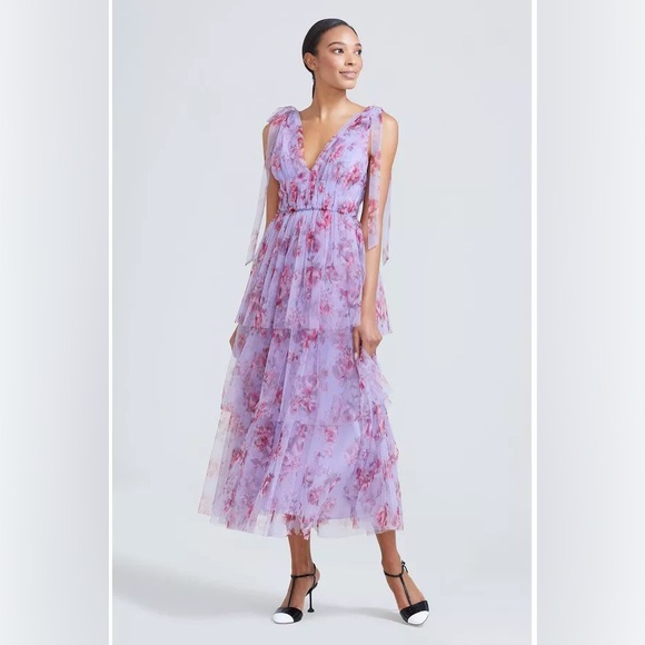 Lela Rose Lavender V-Neck Tiered Dress